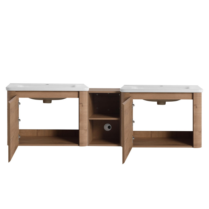 Meuble-lavabo double 68 po avec lavabo en céramique et meuble-lavabo mural 68 po, 68", Brun