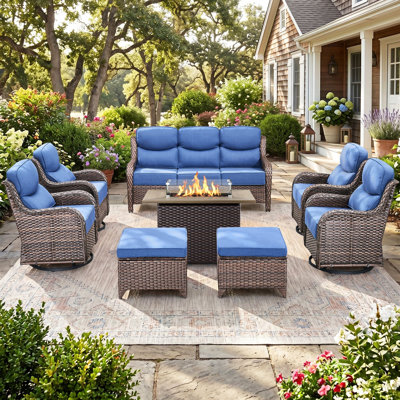 8-Piece All-Weather Wicker Outdoor Garden Fire Pit Conversation Set With Swivel Chairs