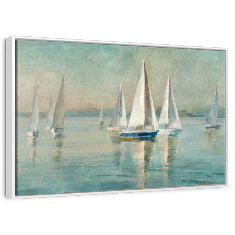 Voiliers au lever du soleil, 25 po x 17 po, Cadre flottant blanc