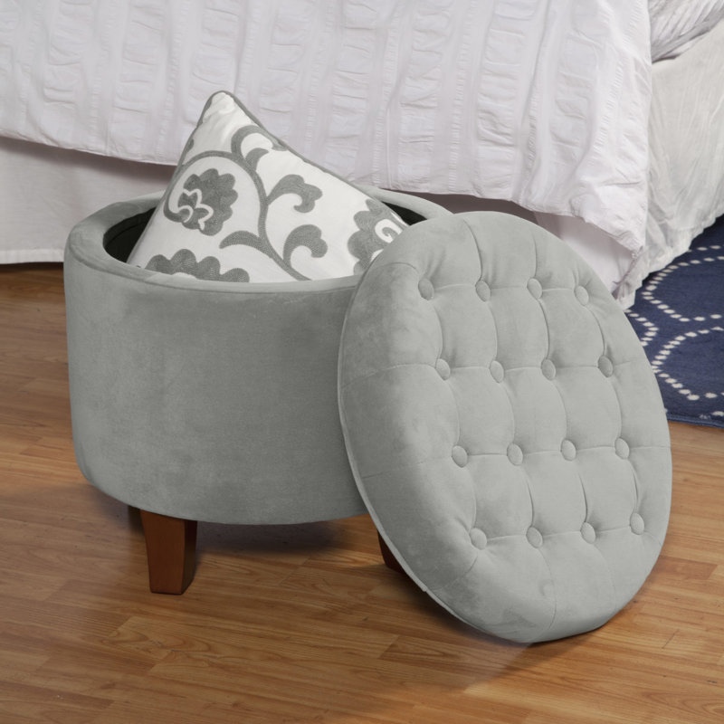 Repose-pieds rond capitonné avec rangement, Velours gris tourterelle