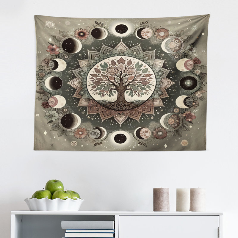 Bungalow Rose Moon Wall Hanging Tapestry Cosmic Lunar Circle Life Tree Sage Green Pale Chocolate, H 23 po x l 28 po