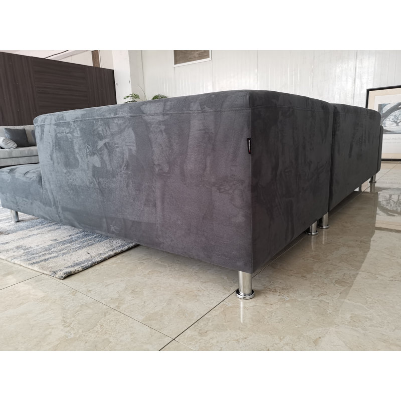 Canapé modulaire en microfibre avec repose-pieds Behadil, Accoudoir à droite (vu de face), Microfibres et suédine gris foncé