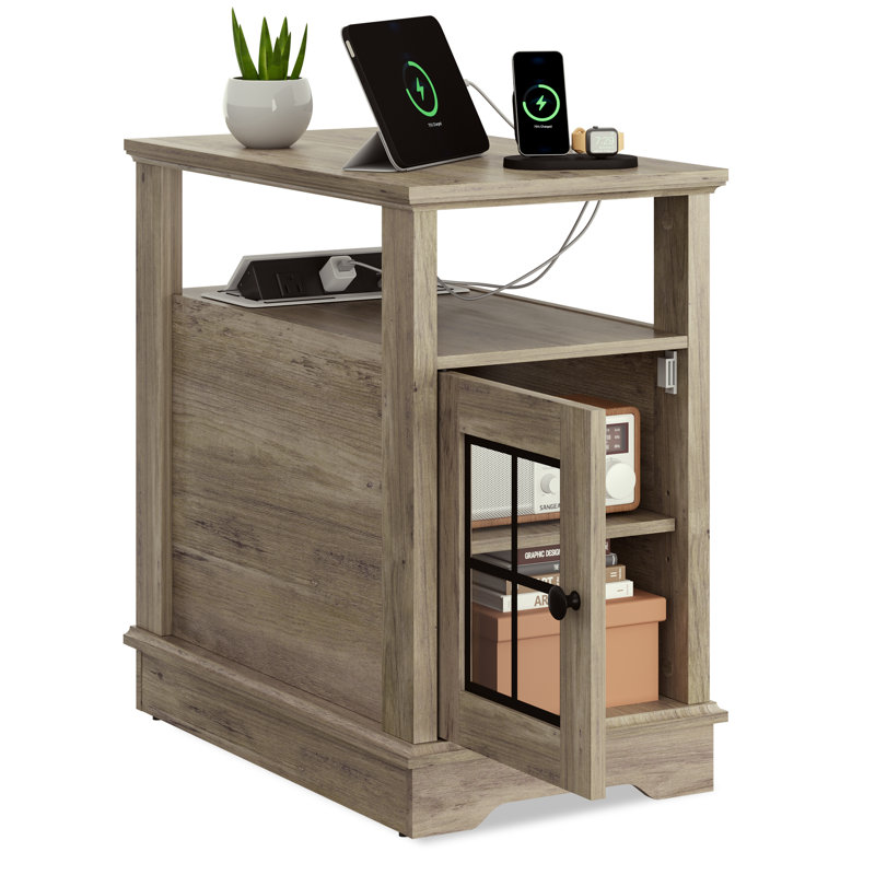 Analiesa End Table with Charging Station and Storage, Side Table with USB Ports and Outlets, Small Sofa Side Table with Cabinet and Adjustable Shelf for Living Room, Bedroom