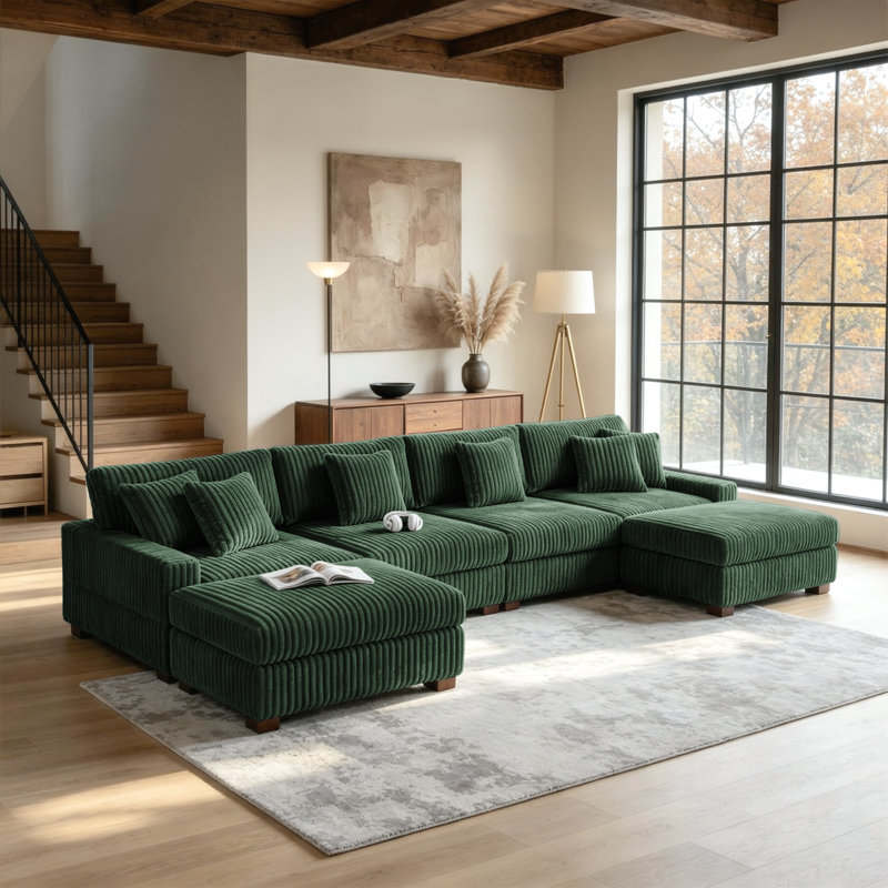6 - Piece Upholstered Green Faux Rabbit Fur Flannel Modular Sectional Sofa with Throw Pillows & Removable Ottomans