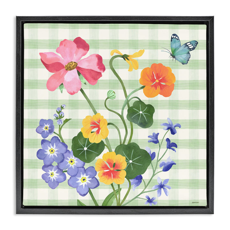 "Gingham Garden Flowers", encadrée par Floater, Cadre flottant noir de jais, H 18 po x l 18 po