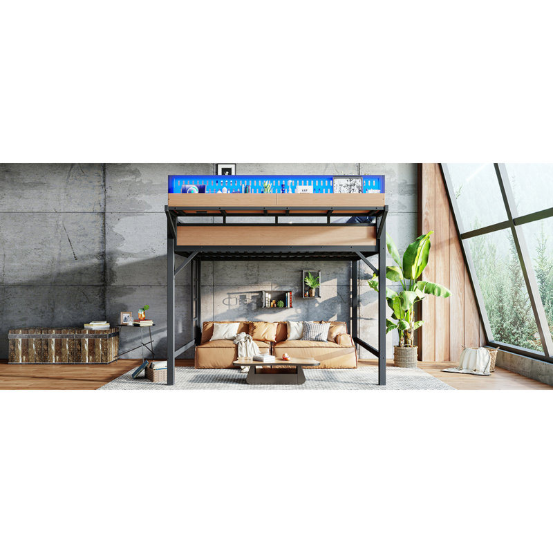 Grand cadre de lit mezzanine avec tablettes de rangement et panneau perforé, lit mezzanine en métal avec ports USB et lumières DEL, sécuritaire et robuste, naturel