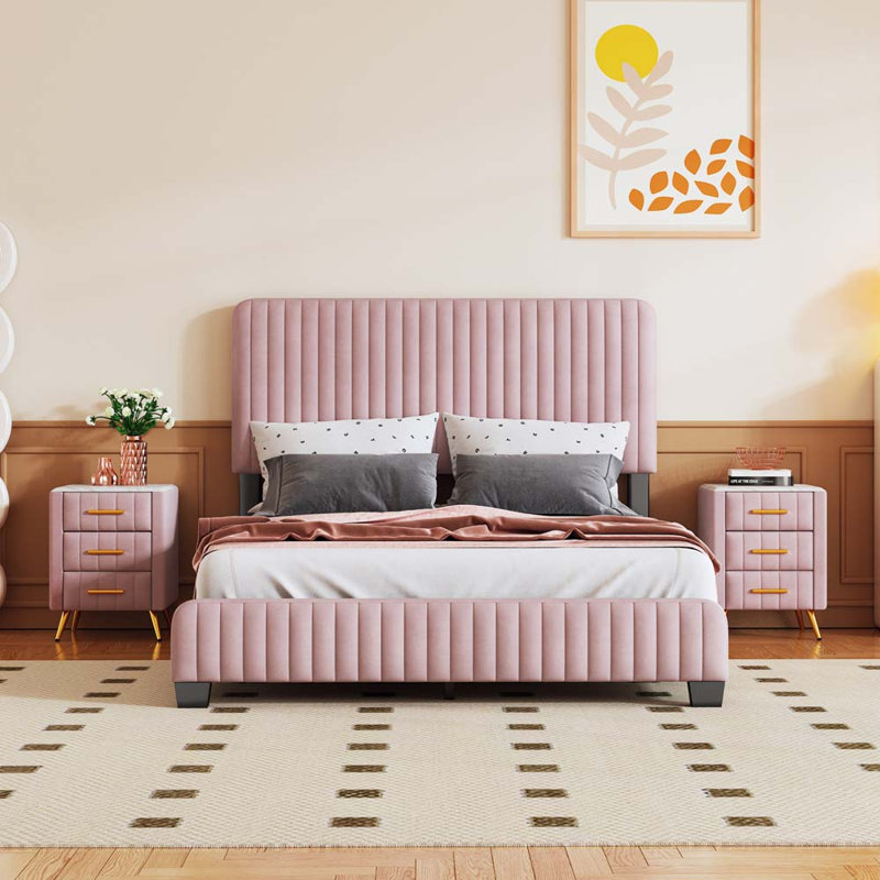 Ensemble de chambre à coucher 3 pièces avec lit double tapissier Candleick, Rose