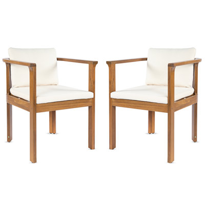 Outdoor Dining Chair Set of 2 with Curved Acacia Wood Arms, Teak Finish and Cream Cushions