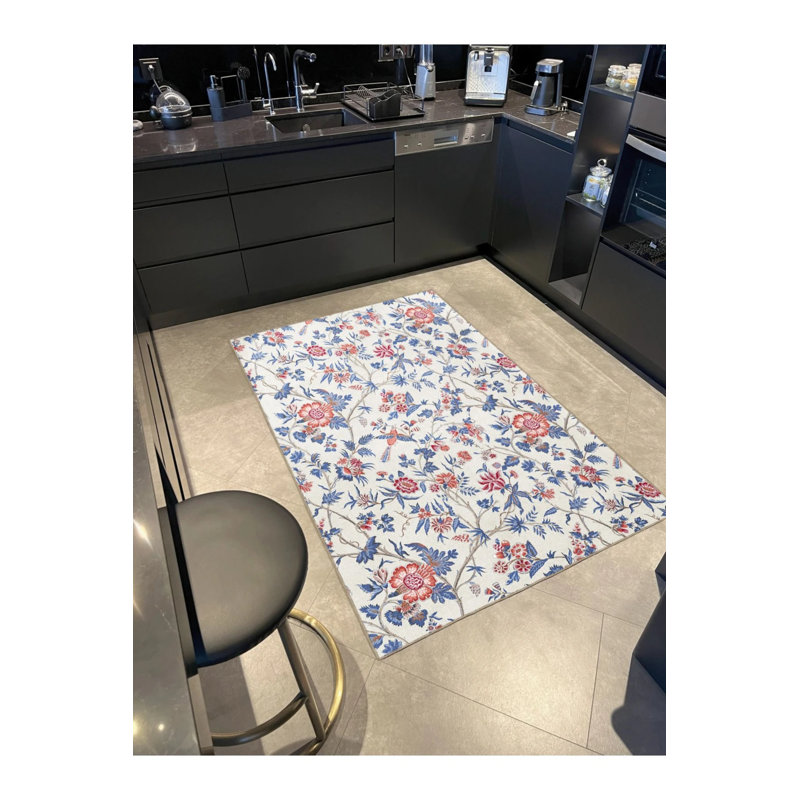 Blue Red Themed Ivy And Flower Patterned Modern Decorative Carpet, Round 5'