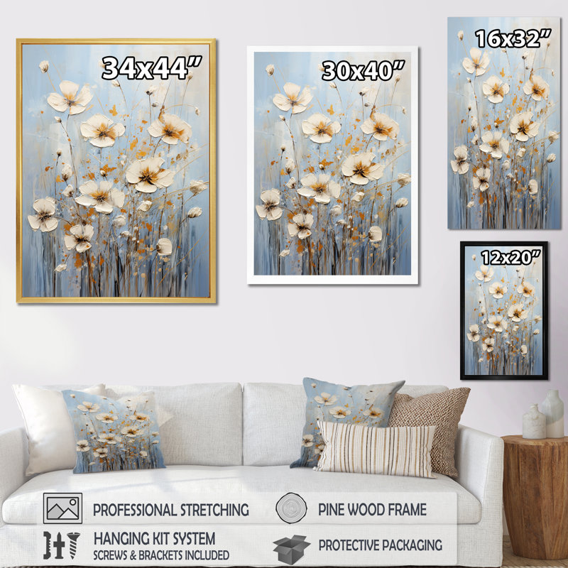 «Beige Wildflowers Floral Elegance I», reproduction sur toile, Cadre flottant doré, H 32 po x l 24 po x P 1 po