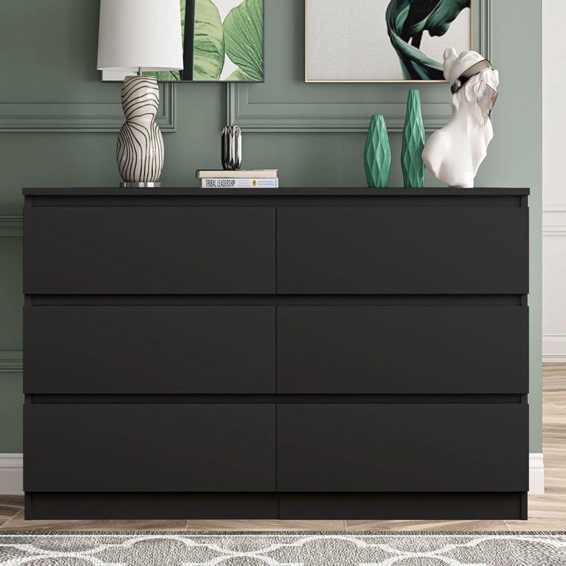 Commode de rangement moderne moderne à 6 tiroirs pour commode double, Noir mat
