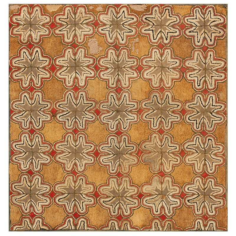 1900s Multicolor Star Folk Art American Hooked Rug 4'6"x4'8" Jute Loop Carpet
