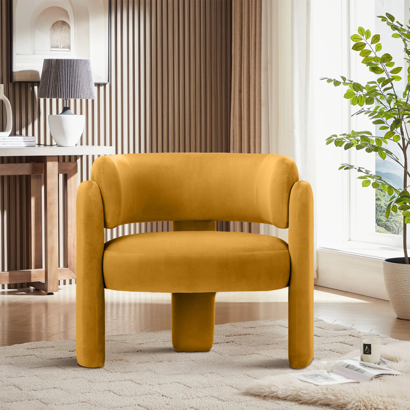 33" Wide Upholstered Modern 3-Legs Barrel Accent Chair, Yellow Fabric