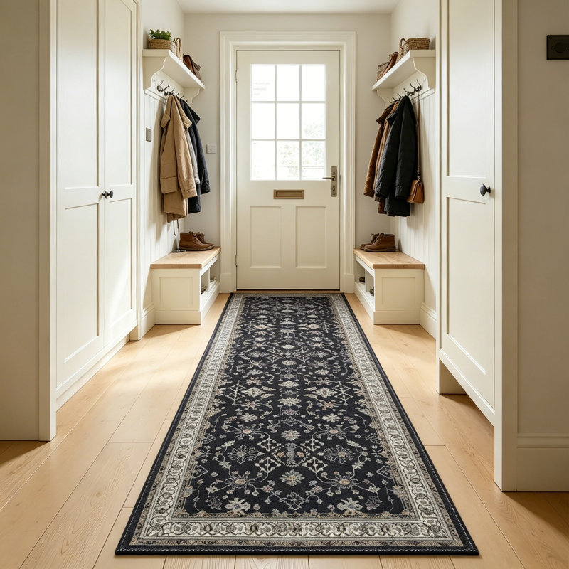 Non-Slip Washable Farmhouse Kitchen Rug Set of 2, Rubber Bottom, Black