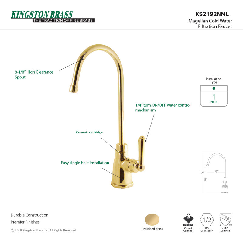 Robinet de filtration d'eau 1 trou à fixation sur le comptoir Kingston Brass Magellan, Laiton poli