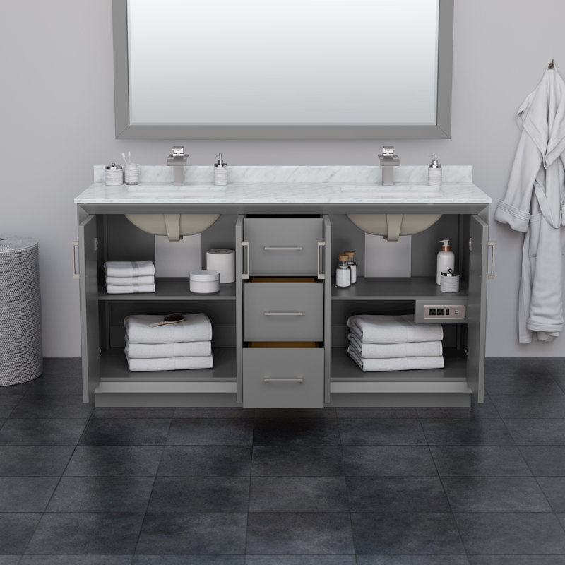 Strada 66'' W Double Vanity, Dark Gray, Giotto Quartz, Brushed Nickel