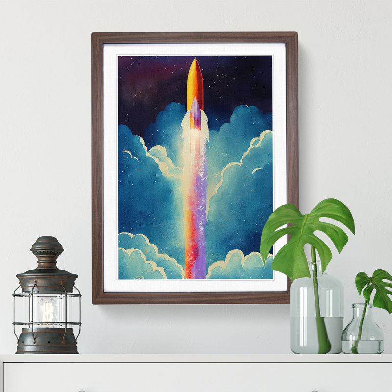 Spaceship Rocket In Flight No.2 Framed Print, 64cm H x 46cm W x 2cm D, Walnut