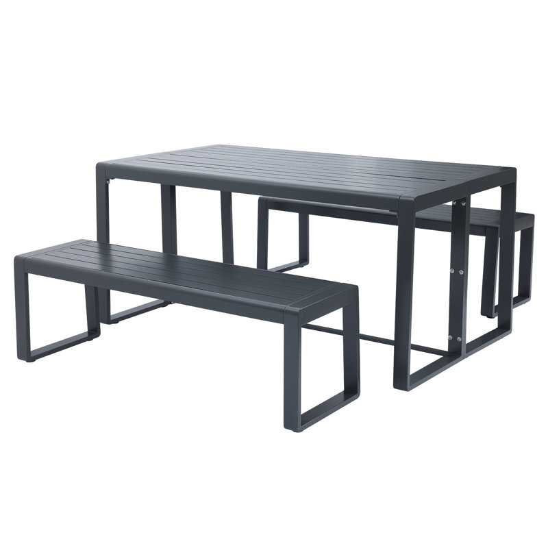 Aoodor 3-Piece 63" Metal Outdoor Patio Dining Set with Rectangular Table and Benches, Black