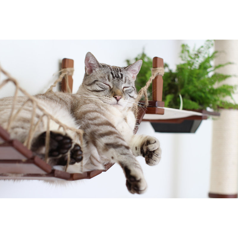 Natural Bamboo Wall-Mounted Cat Tree with Hammocks and Bridge
