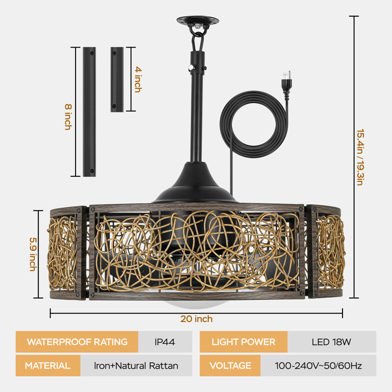 20 Inch Outdoor Indoor Caged Ceiling Fan with LED Lights Rattan With IP44 Waterproof, Black Walnut