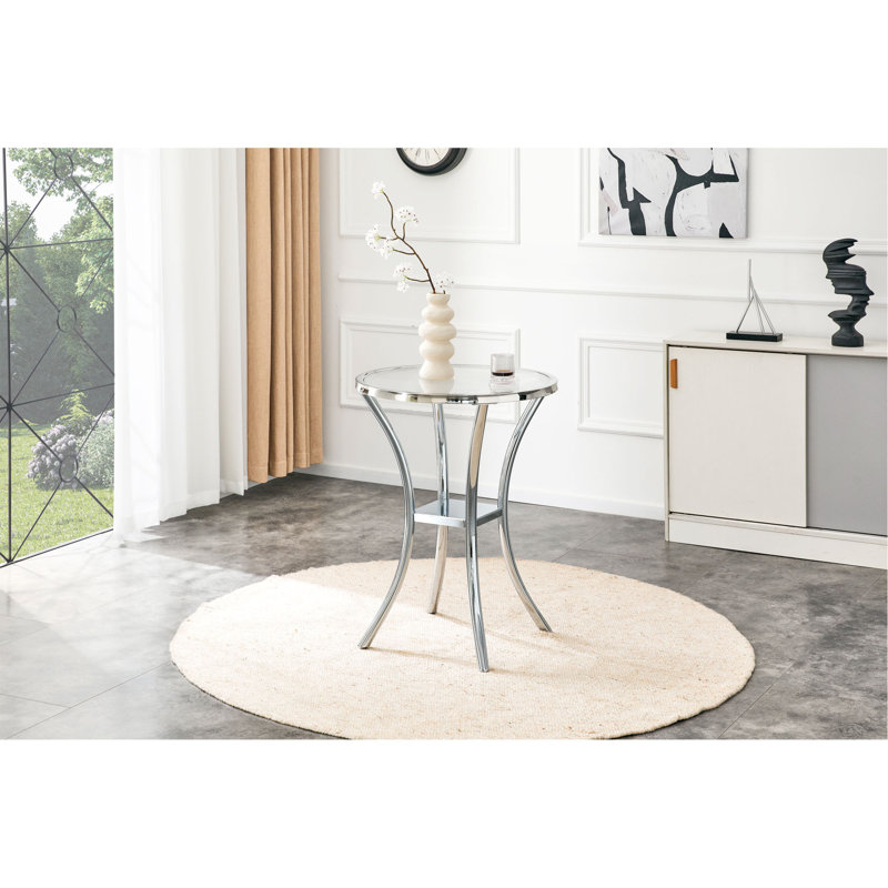 Table de bar en acier inoxydable avec plateau en verre trempé et base plaquée en chrome
