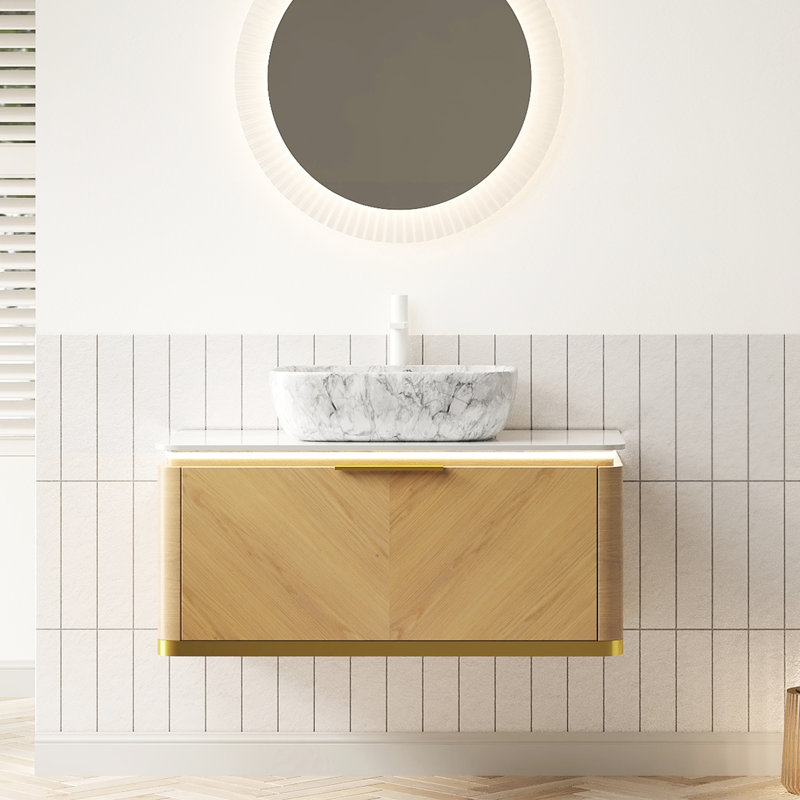 36" Bathroom Vanity With Exquisite Curved Cabinet, Soft Close Drawer, Sensor And Marble Sink Floating Twill Auto - Sensing Lighting, Sintered Stone Countertop Vessel