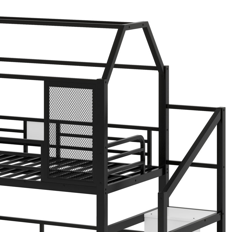Metal House Loft Bed With Slide,Stairs And Storage Shelves, Black