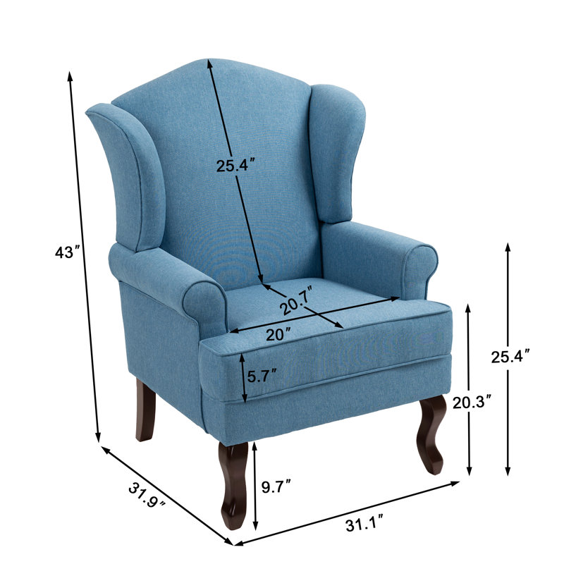 Fauteuil à oreilles rembourré en lin bleu ciel Duward avec accoudoirs roulés et pieds en bois massif, Lin bleu ciel
