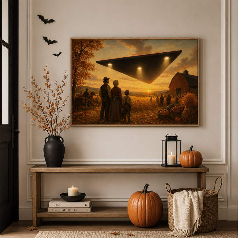 Les agriculteurs observent un OVNI triangulaire au-dessus d'une grange à l'occasion de l'Halloween (tableau sur toile)
