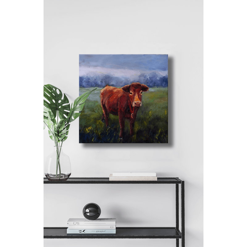 RED COW BELL RED COW BELL - Unframed Print on Canvas, 36" H x 36" W x 1.75" D, Brown Framed Canvas