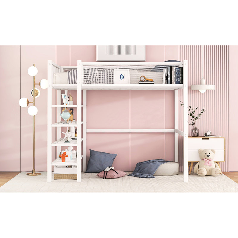 Lit mezzanine simple - 4 tablettes et poste de travail, Fer, Blanc