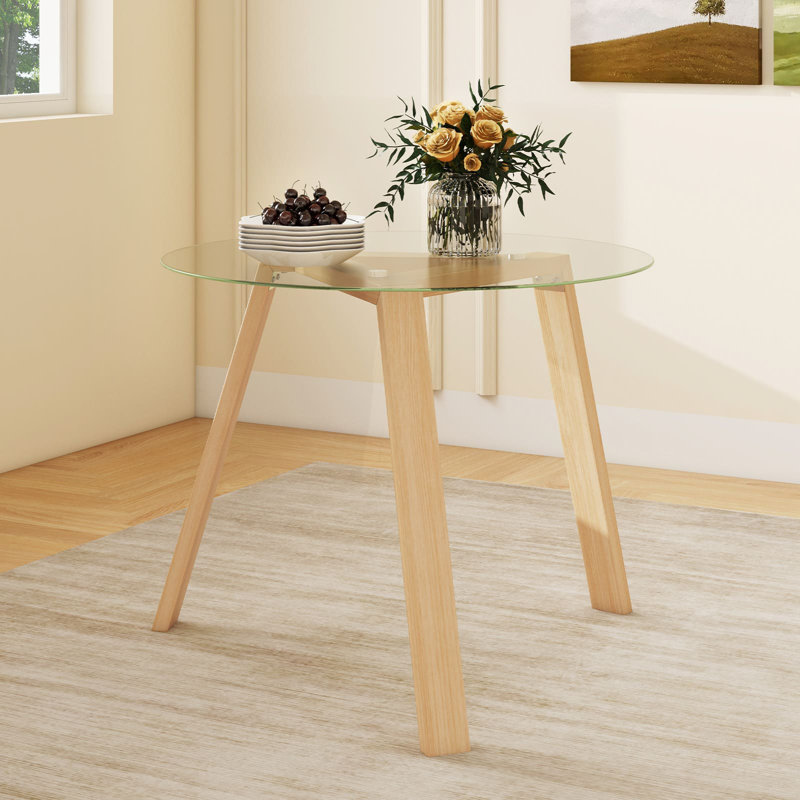 Round Glass Top Solid Wood Base Dining Table