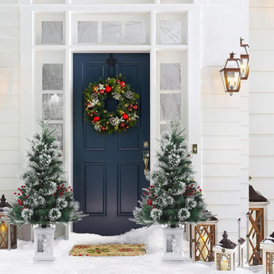 Arbre de Noël illuminé 3 pi avec 78 lumières DEL, arbre artificiel avec flocons de neige et baies rouges, base en wapiti blanc pour la maison, le porche, le bureau, la décoration de fête