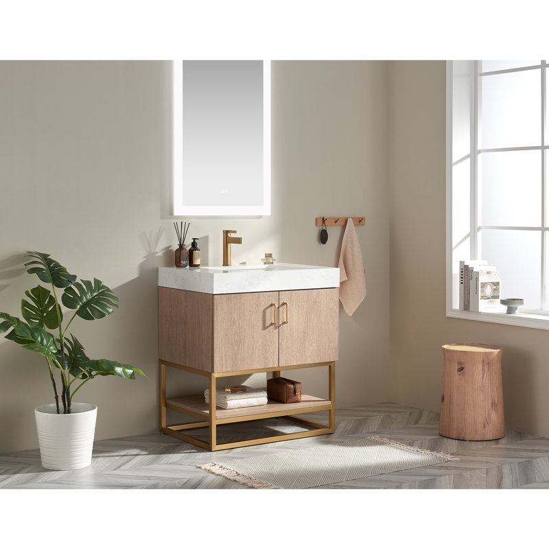 Alistair Chaffins 30" Single Vanity in North American Oak with White Grain Stone Countertop Without Mirror, Brushed Gold