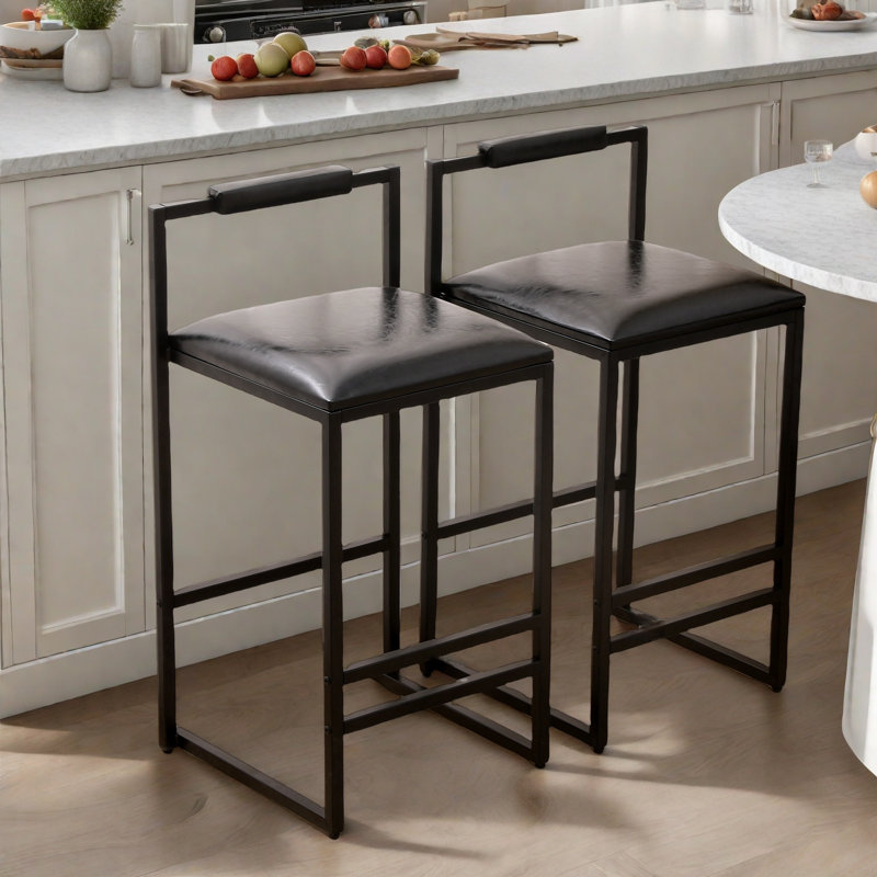 Upholstered Bar Stools Set Of 2 With  Backrest And Footrest, Pu Leather And Metal Frame, Black