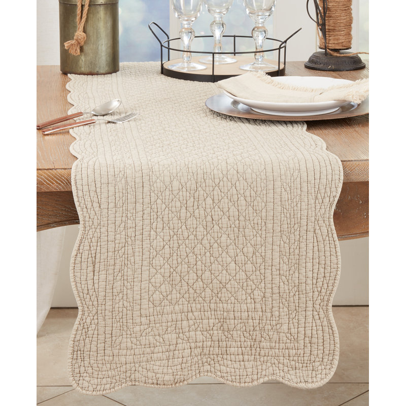 Taupe Cotton Quilted Table Runner with Scalloped Edges