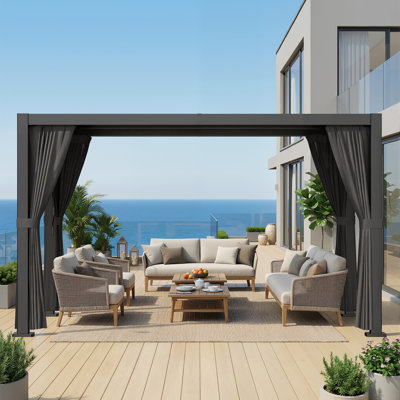 10' X 13' Aluminum Louvred Pergola With Adjustable Roof, Retractable Curtains & Mosquito Netting, Weather-resistant Outdoor Gazebo For Patio & Garden