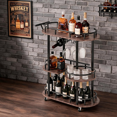 3-Tier Rolling Drink Cart, with 4-bottle wine rack, 6-glass holder