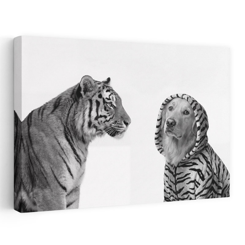 Tigre et chien costumé, art mural tigre contemporain, H 40 po x l 60 po