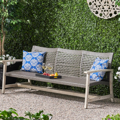 Spacieux fauteuil d'extérieur gris à 3 places avec cadre en bois et métal stable,