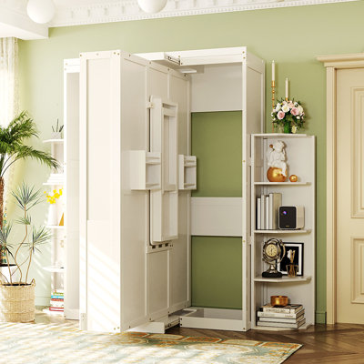 Rotating Full Murphy Bed with Desk & Dual 3-Tier Shelves, Hidden Wall Storage, Space-Saving Home Office, White