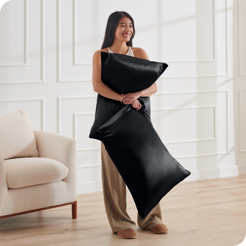 Ensemble de taies d'oreiller en satin avec fermeture à glissière, Noir, Très grand 