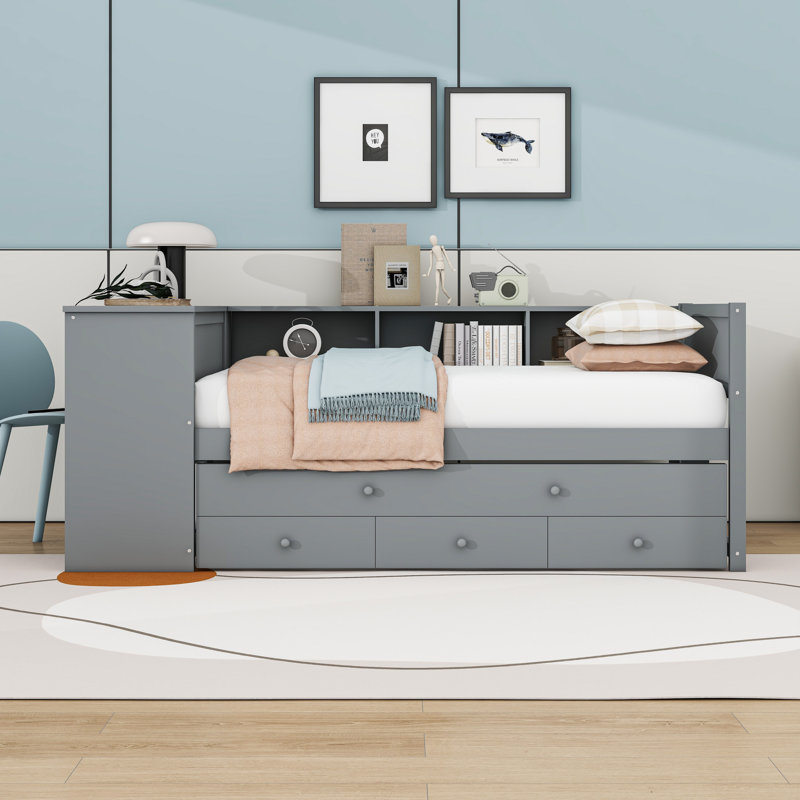 Lit de jour à 2 tiroirs en bois avec tablettes et bureau intégré, Gris, Lit simple