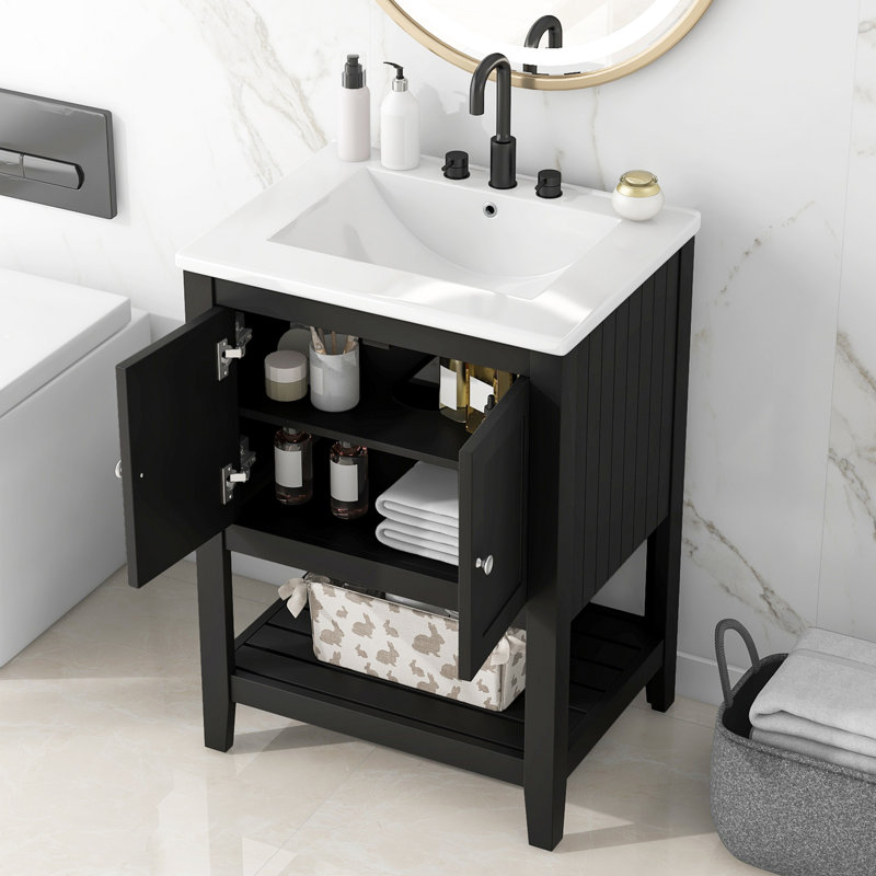 Lavabo de salle de bain moderne élégant en céramique noire 24 po avec tablette ouverte en bois massif, Noir