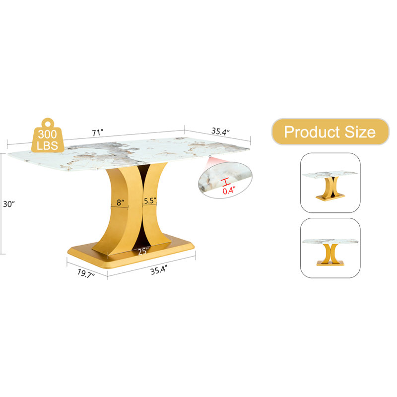 Table de salle à manger contemporaine en verre marbré avec de magnifiques pieds dorés pour une superbe surface: pour une utilisation durable