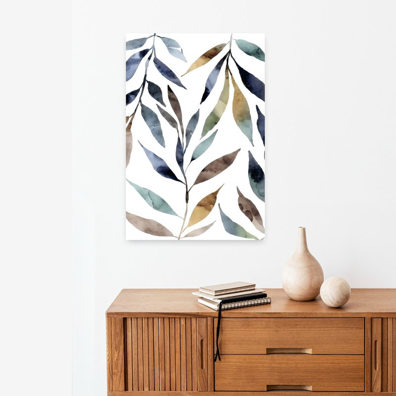 Aquarelle, feuilles, art mural abstrait contemporain, 24" H x 16" W