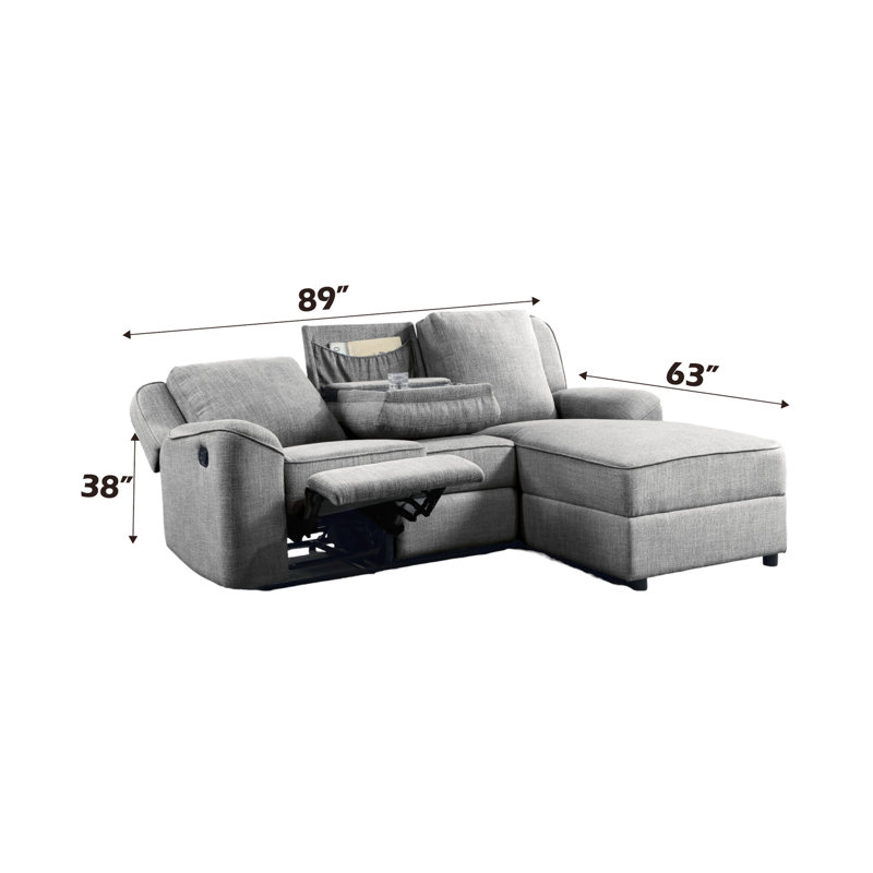 Relaxing Gray Linen Sectional Seat With Convenient Dropdown Table Facility Modernistic Efficient Feature