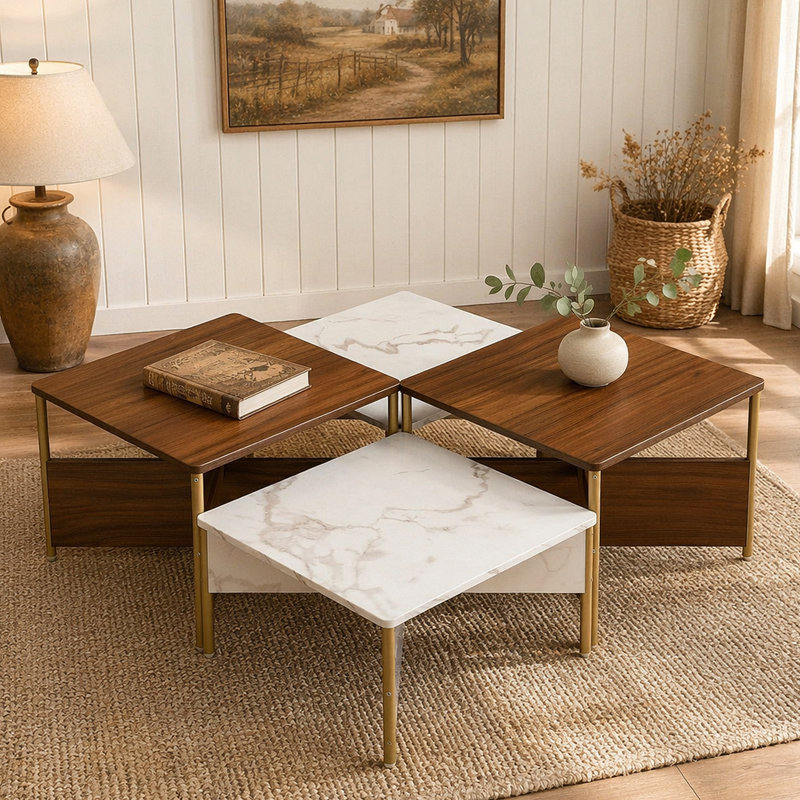 Ensemble de quatre tables gigognes polyvalentes et modernes, de forme ajustable, idéales pour diverses configurations et fonctions de salon