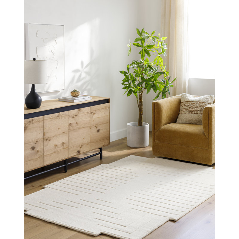 Tapis blanc en laine tissé à la main Novelty Loretto, Nouveauté 5 pi 7 po x 6 pi