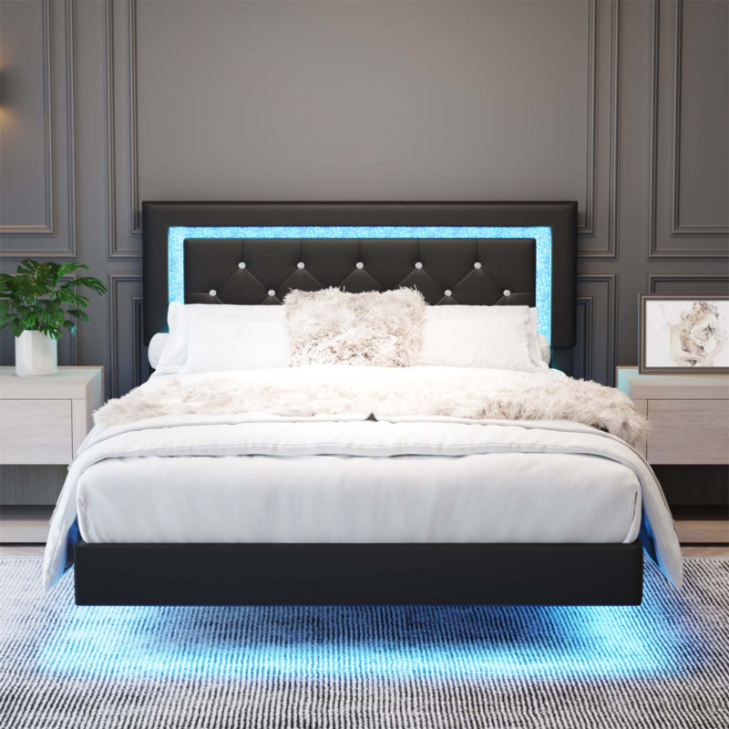 Upholstered Bed Frame With Diamond Tufted Headboard And RGB LED Lights, No Box Spring Required, Noir, Lit double